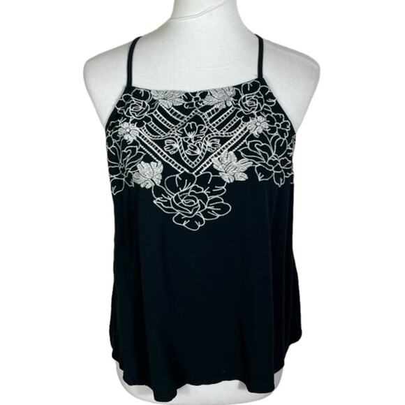 Eyeshadow Black & White Floral Embroidered Rayon Sleeveless Halter Crop Size L - Picture 1 of 6